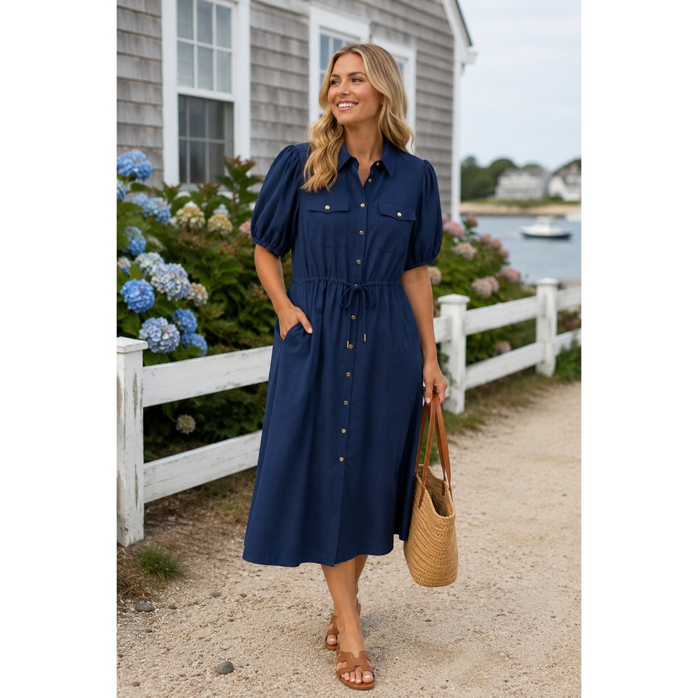 Lands' End Shirt Dress Women Large 14-16 Navy New Button Front Tie Waist Midi L